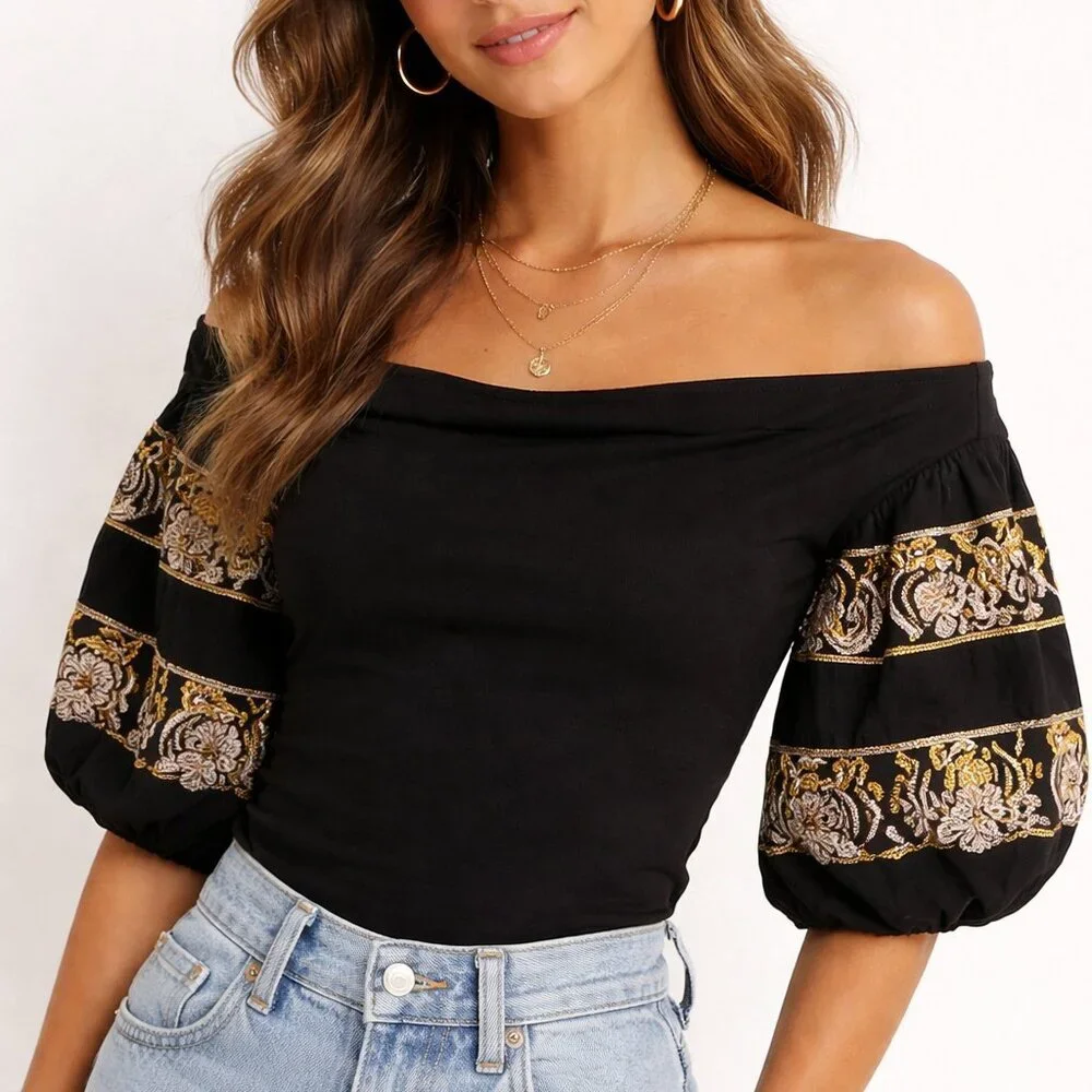 Free People Black Off Shoulder Gold Embroidered Balloon Sleeve Boho Blouse Sz SP